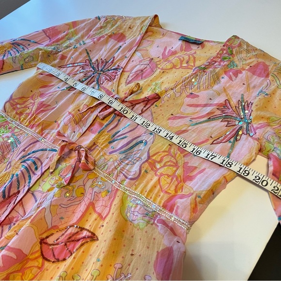 LeTarte embelished tropical swim cover cardigan top, cotton, pastel colors, S/M - Picture 5 of 14